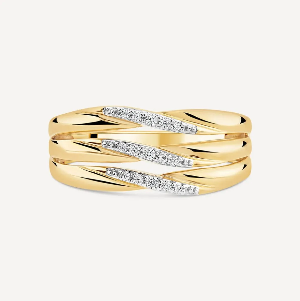 9ct Yellow Gold Diamond Three Rows Ring