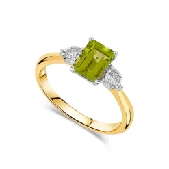 9ct Yellow Gold Emerald Cut Peridot 0.12ct Diamond Sides Ring
