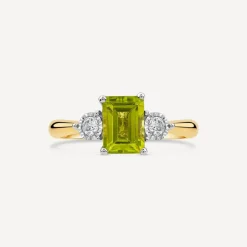 9ct Yellow Gold Emerald Cut Peridot 0.12ct Diamond Sides Ring