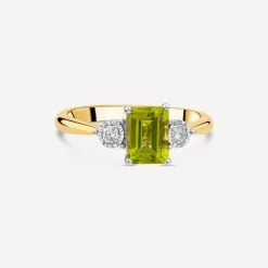 9ct Yellow Gold Emerald Cut Peridot 0.12ct Diamond Sides Ring