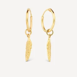 9ct Yellow Gold Feather Motif Small Hoop Earrings