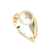9ct Yellow Gold Freshwater Pearl 0.04ct Diamond Set Twist Shoulders Ring