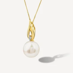 9ct Yellow Gold Freshwater Pearl & Diamond Set Top Pendant