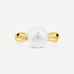 9ct Yellow Gold Freshwater Pearl & 0.015ct Diamond Open Shoulders Ring