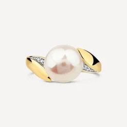 9ct Yellow Gold Freshwater Pearl 0.04ct Diamond Set Twist Shoulders Ring