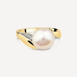 9ct Yellow Gold Freshwater Pearl 0.04ct Diamond Set Twist Shoulders Ring