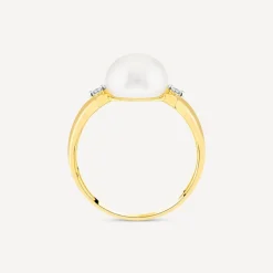 9ct Yellow Gold Freshwater Pearl & 0.015ct Diamond Open Shoulders Ring