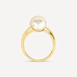 9ct Yellow Gold Freshwater Pearl 0.04ct Diamond Set Twist Shoulders Ring