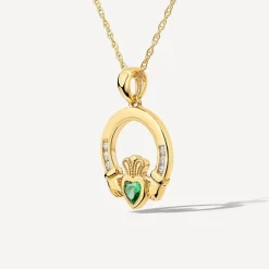 9ct Yellow Gold Green Cubic Zirconia Heart Claddagh Pendant