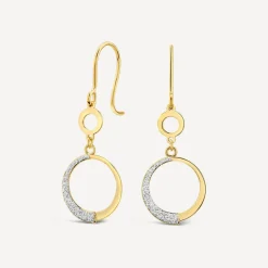 9ct Yellow Gold Half Glitter& Polished Round Disc Circle Drop Earrings
