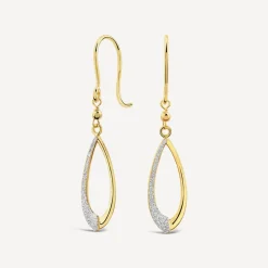 9ct Yellow Gold Half Glitter & Polished Pear Shaped Drop Earrings