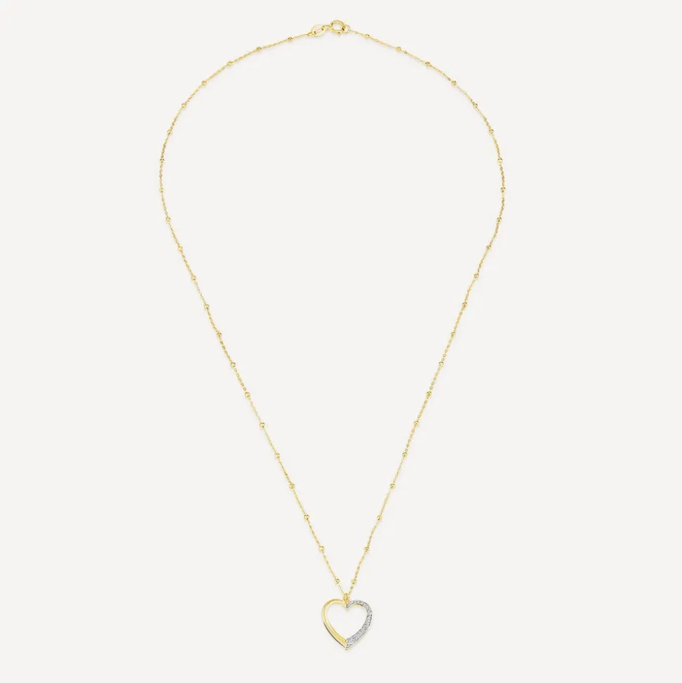 9ct Yellow Gold Half Glitter & & Polished Heart Bead Chain Necklet