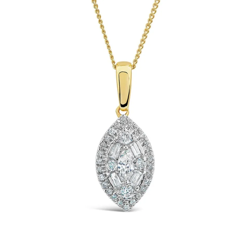 9ct Yellow Gold Marquis Shape Cluster 0.25ct Baguette Diamond Pendant