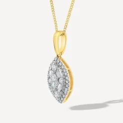 9ct Yellow Gold Marquis Shape Cluster 0.25ct Baguette Diamond Pendant