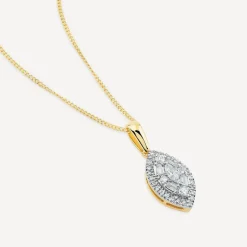 9ct Yellow Gold Marquis Shape Cluster 0.25ct Baguette Diamond Pendant