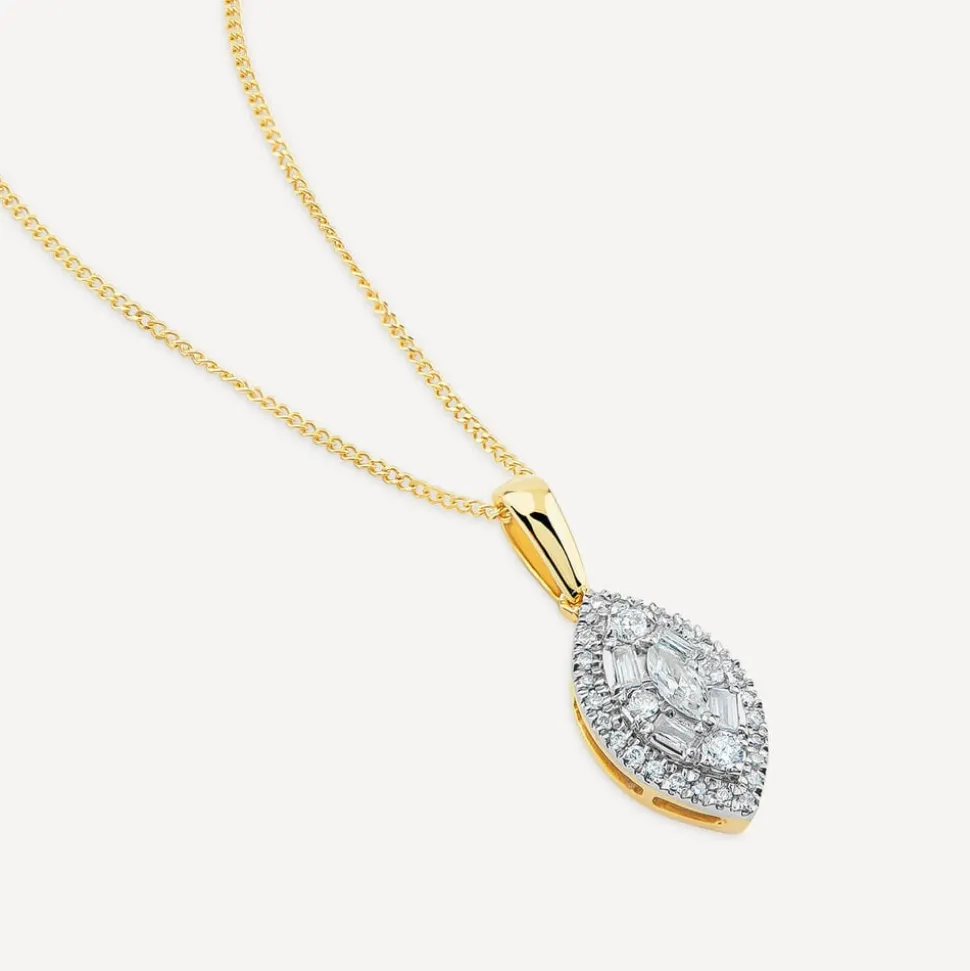 9ct Yellow Gold Marquis Shape Cluster 0.25ct Baguette Diamond Pendant