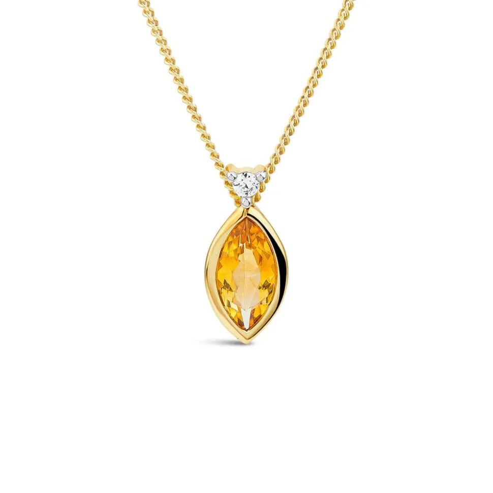 9ct Yellow Gold Marquise Citrine & 0.02ct Diamond Pendant