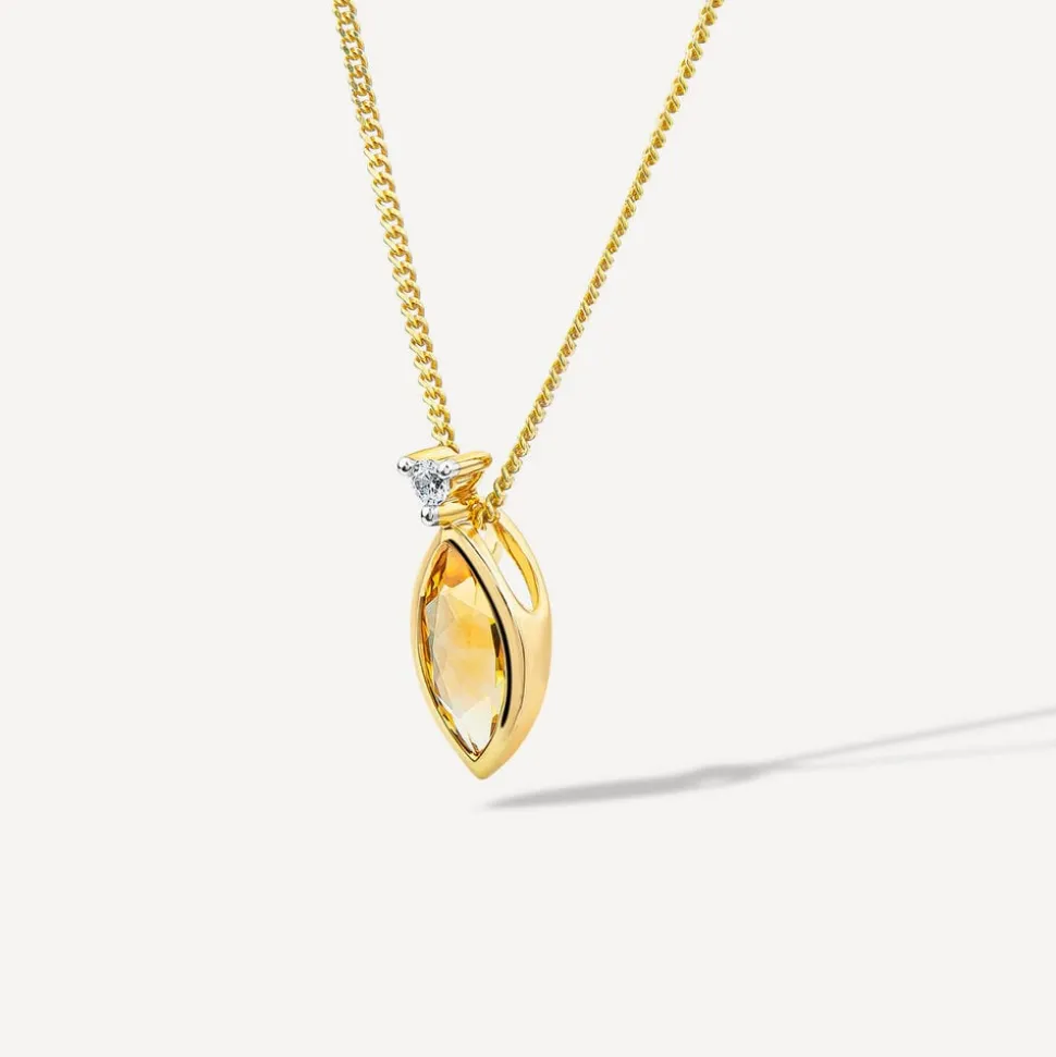 9ct Yellow Gold Marquise Citrine & 0.02ct Diamond Pendant