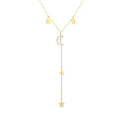 9ct Yellow Gold Moon & Stars Polished & Cubic Zirconia Y-Shaped Drop Necklet