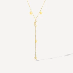 9ct Yellow Gold Moon & Stars Polished & Cubic Zirconia Y-Shaped Drop Necklet