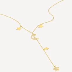 9ct Yellow Gold Moon & Stars Polished & Cubic Zirconia Y-Shaped Drop Necklet