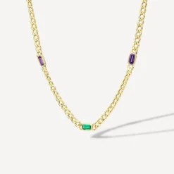 9ct Yellow Gold Multi Coloured Stones Curved Link Necklet
