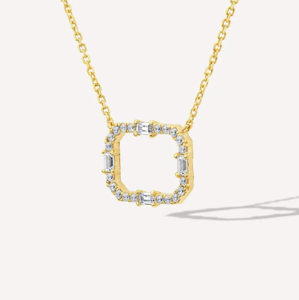 9ct Yellow Gold Open Rectangular Baguette & Round Cubic Zirconia Pendant