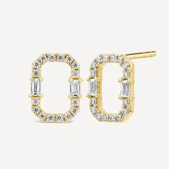 9ct Yellow Gold Open Rectangular Baguette & Round Cubic Zirconia Stud Earrings