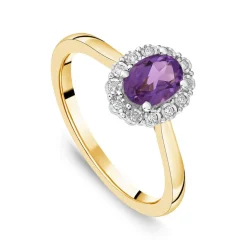 9ct Yellow Gold Oval Amethyst 0.05ct Cluster Diamond Ring