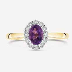 9ct Yellow Gold Oval Amethyst 0.05ct Cluster Diamond Ring