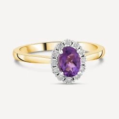 9ct Yellow Gold Oval Amethyst 0.05ct Cluster Diamond Ring
