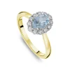 9ct Yellow Gold Oval Blue Topaz Centre 0.05ct Diamond Cluster Polished Band Ring