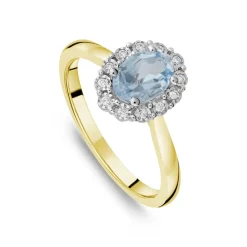 9ct Yellow Gold Oval Blue Topaz Centre 0.05ct Diamond Cluster Polished Band Ring