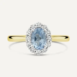 9ct Yellow Gold Oval Blue Topaz Centre 0.05ct Diamond Cluster Polished Band Ring