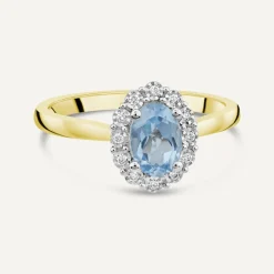 9ct Yellow Gold Oval Blue Topaz Centre 0.05ct Diamond Cluster Polished Band Ring