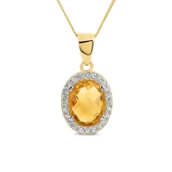 9ct Yellow Gold Oval Citrine & Cubic Zirconia Pendant (Chain Included)