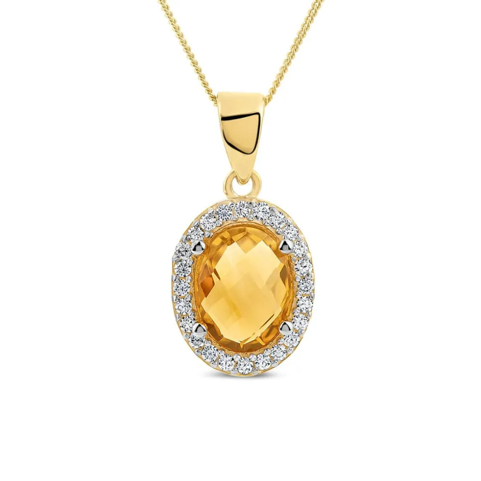 9ct Yellow Gold Oval Citrine & Cubic Zirconia Pendant (Chain Included)