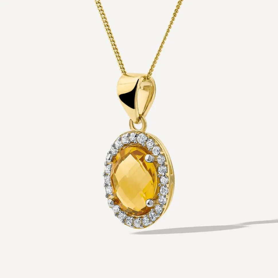 9ct Yellow Gold Oval Citrine & Cubic Zirconia Pendant (Chain Included)