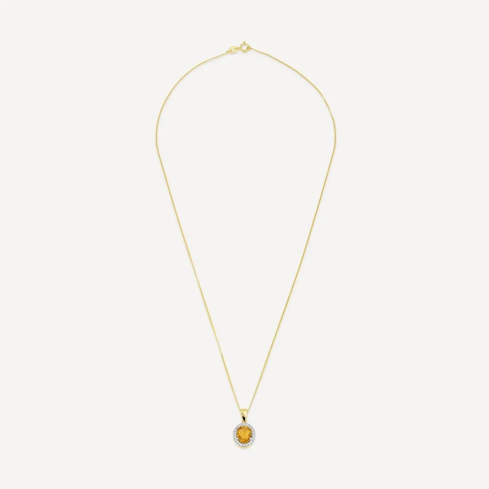 9ct Yellow Gold Oval Citrine & Cubic Zirconia Pendant (Chain Included)