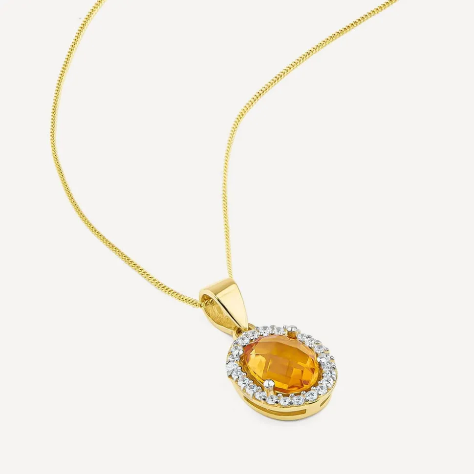9ct Yellow Gold Oval Citrine & Cubic Zirconia Pendant (Chain Included)