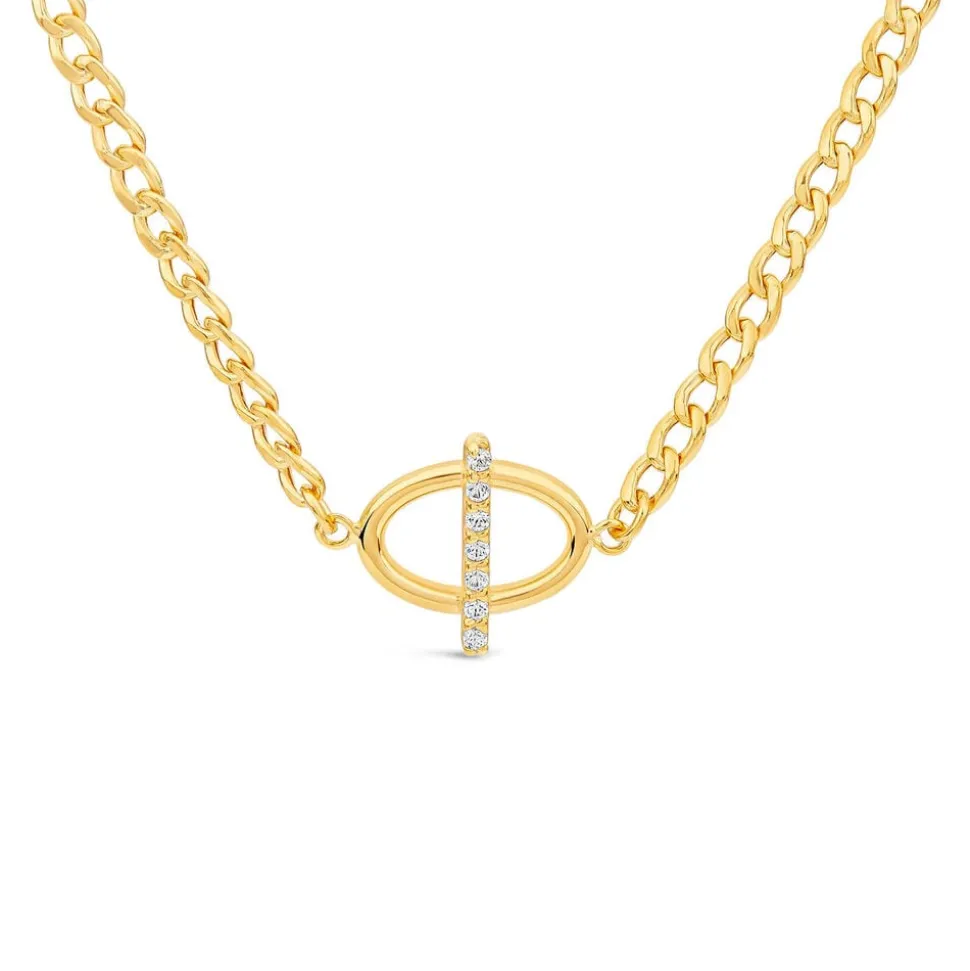 9ct Yellow Gold Oval Cubic Zirconia Bar Curbed Link Necklet