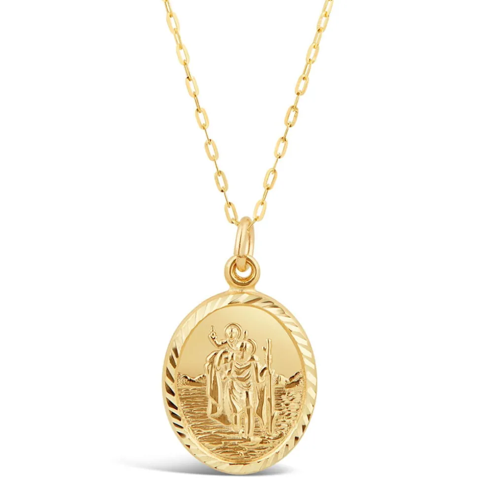 9ct Yellow Gold Oval Diamond Cut St Christopher's Medal Pendant (Chain Included)