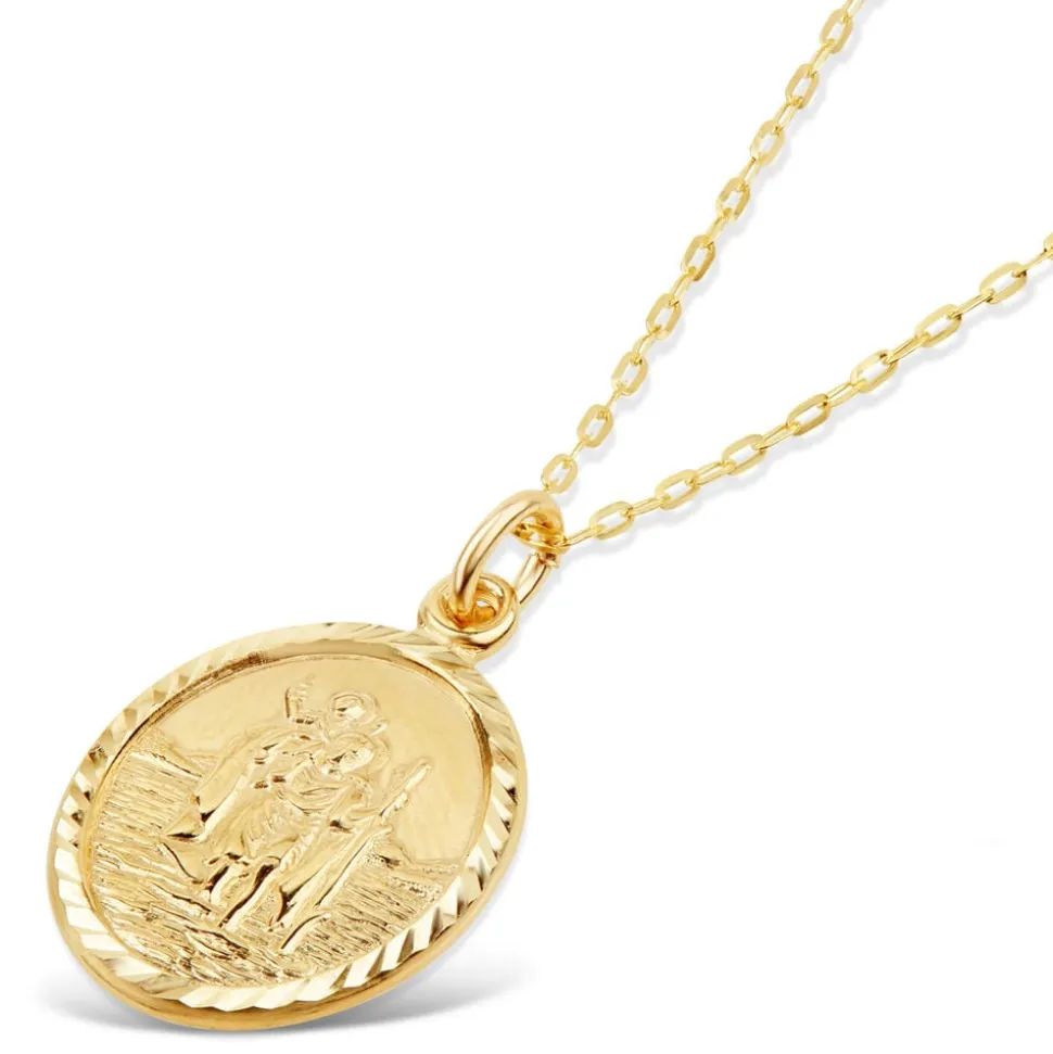 9ct Yellow Gold Oval Diamond Cut St Christopher's Medal Pendant (Chain Included)
