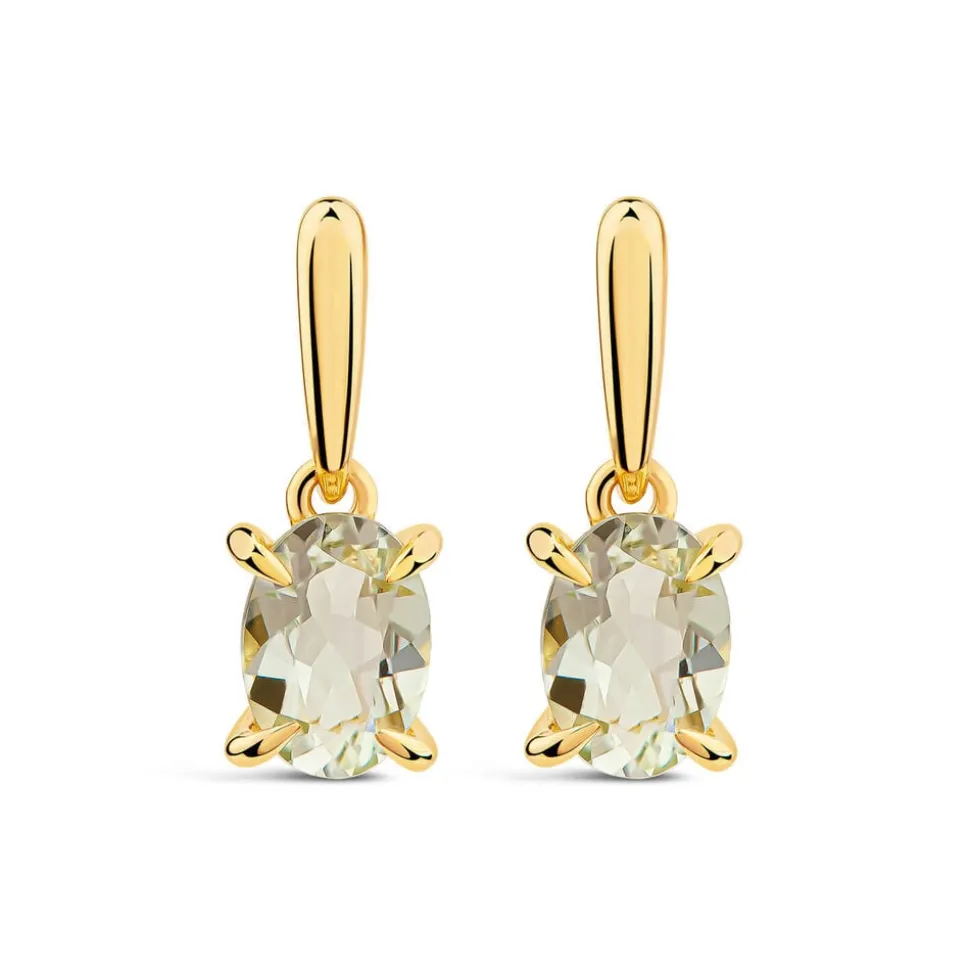 9ct Yellow Gold Oval Green Amethyst Drop Earrings