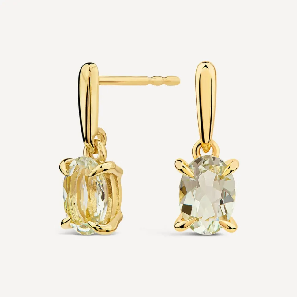 9ct Yellow Gold Oval Green Amethyst Drop Earrings