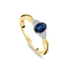 9ct Yellow Gold Oval Sapphire & Trefoil 0.07ct Diamond Sides Ring