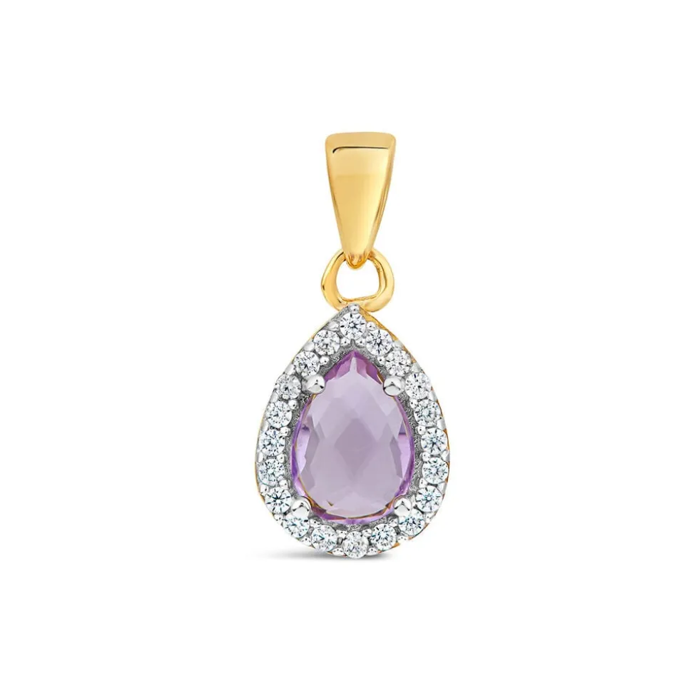 9ct Yellow Gold Pear Amethyst & Cubic Zirconia Pendant (Chain Included)