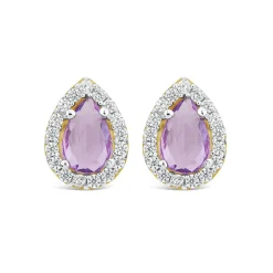 9ct Yellow Gold Pear Amethyst & Cubic Zirconia Stud Earrings