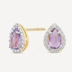 9ct Yellow Gold Pear Amethyst & Cubic Zirconia Stud Earrings