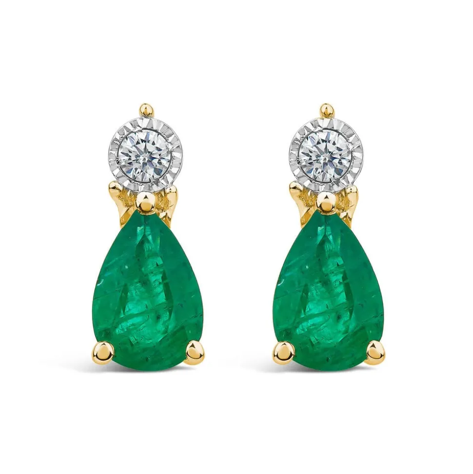 9ct Yellow Gold Pear Emerald & Diamond Top Drop Earrings